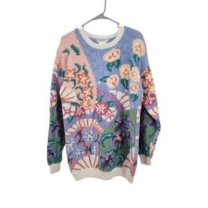SGCS by Sacha Vintage Women's 3D Floral Knit Crewneck Artsy Grandma Sweater- M